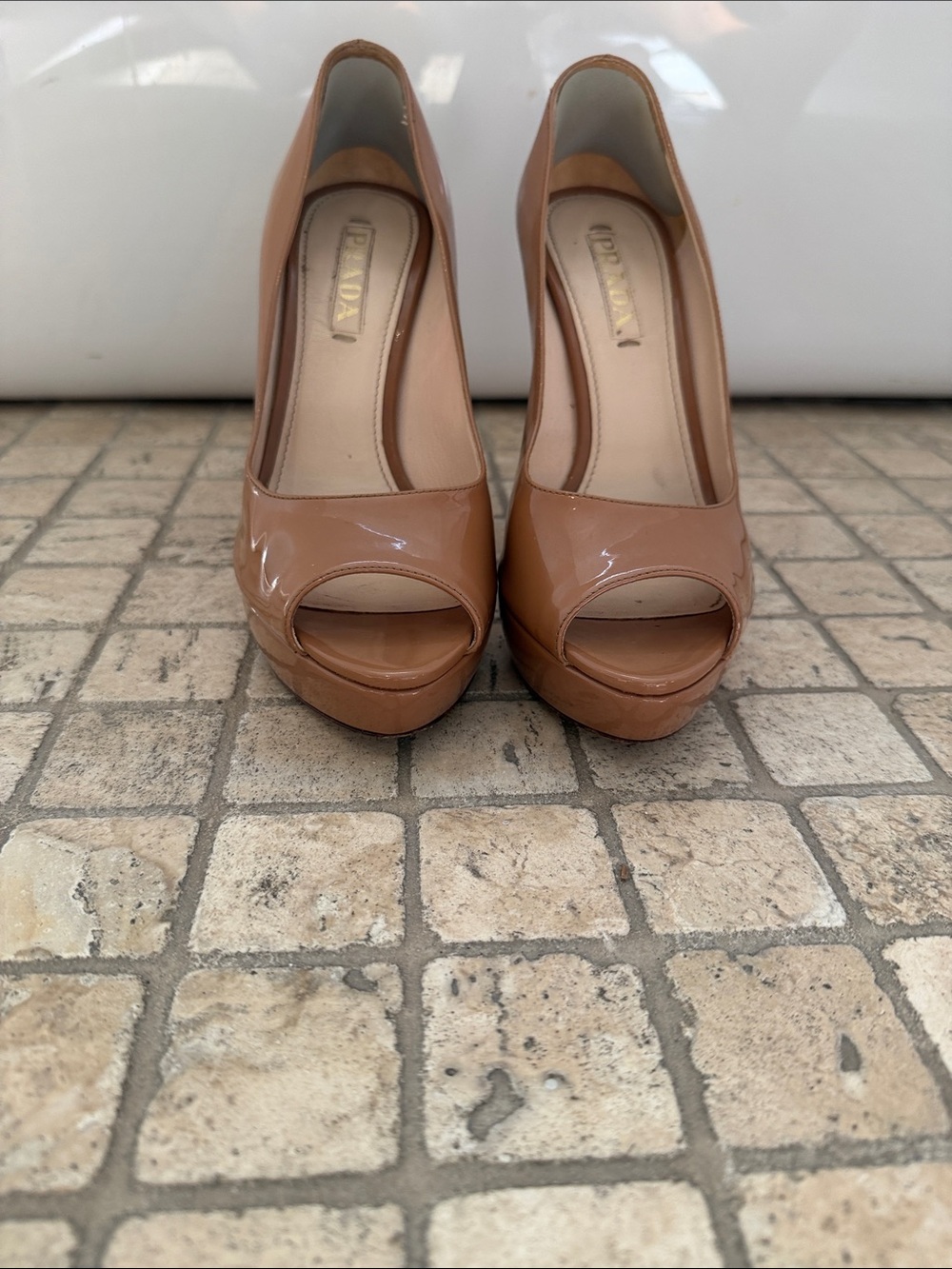 Prada Patent Leather Nude-Tan Peep-Toe Platform Heels
